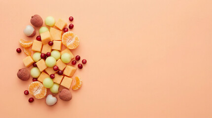 Obraz premium Assorted fruits and sweets arranged in a decorative pattern on a peach-colored surface viewed from directly above
