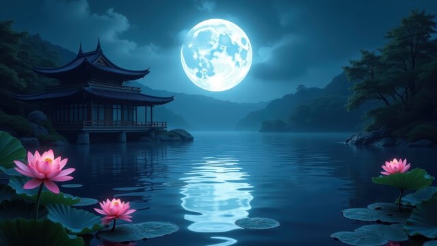 Pagoda temple at night with full moon over calm lake, lotus flowers in water with misty mountain landscape background, concept of mid-autumn festival, asian culture