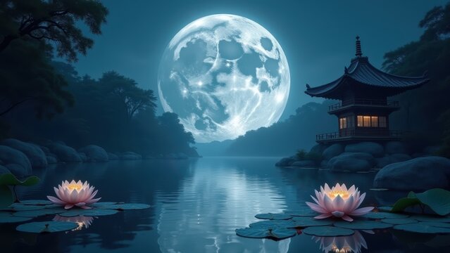 Pagoda temple at night with full moon over calm lake, lotus flowers in water with misty mountain landscape background, concept of mid-autumn festival, asian culture