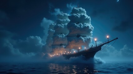 Fototapeta premium Ship sailing through starry night sky, traditional japanese vessel made of clouds dark blue ocean lanterns glowing ethereal, concept of travel, fantasy arts, wellness