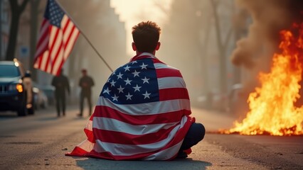 Man wrapped in american flag sitting on street looking away, bonfire burning blurred background dramatic cinematic atmosphere, concept of independence day, fourth july, memorial day
