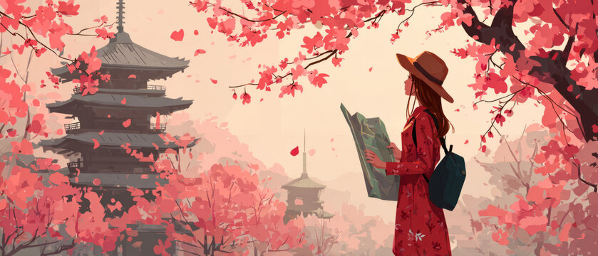 Traveler Exploring Cherry Blossom Temple with Map