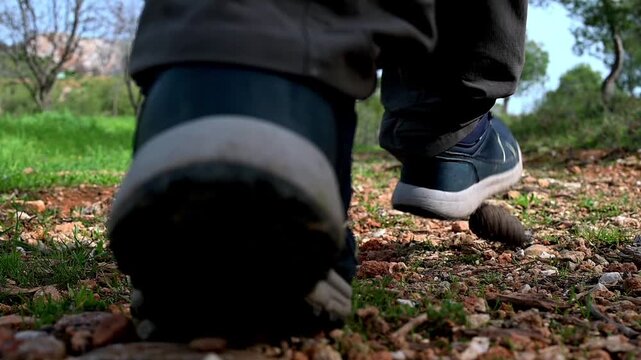 Close up video from low angle of a hiker walking in the forest and shoot with his leg a fallen pine cone which was in his way.