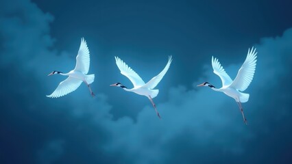 Obraz premium Cranes dancing through clouds translucent birds glowing, dark blue japanese cinematic atmosphere ethereal surreal graceful flight, concept of meditation, wellness, zen garden
