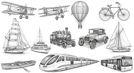 Collection of vintage and modern transportation vehicles hand-drawn sketch. © Akik