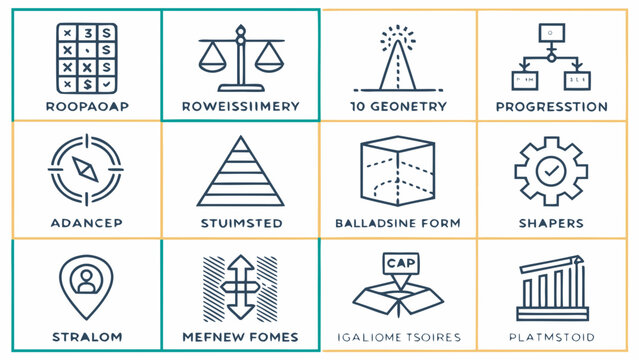 Collection of various geometric shapes and icons representing different mathematical concepts and tools displayed in a grid layout