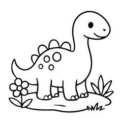 Fototapeta premium A smiling dinosaur standing on a patch of land with flowers and grass, outlined in black lines, isolated on transparent background
