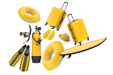 Scuba diving and beach gear set with flippers, snorkel, air tank, flip-flops, and float ring isolated on white background © Vasyl Onyskiv