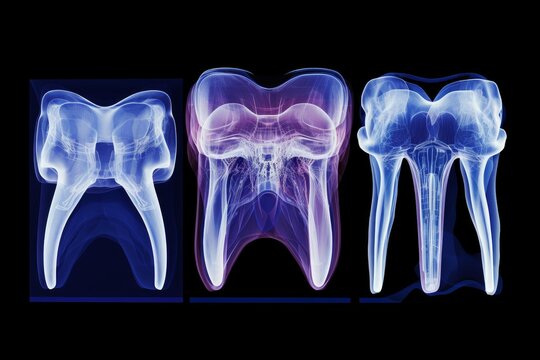 Three digital x ray views revealing human molar anatomy with roots and pulp canals