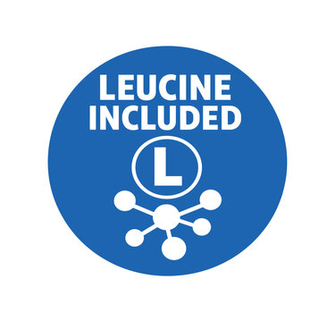Flat vector badge LEUCINE INCLUDED simple white L circle with molecule good for package business info about product