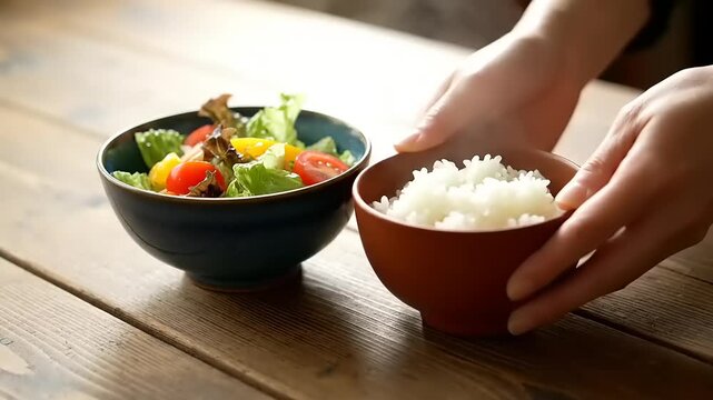 Person Reaching for Bowl of Rice and Vegetables on Wooden Table.