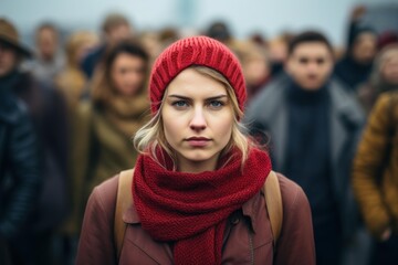 Young woman in red hat and scarf standing with focused expression in a blurry city crowd