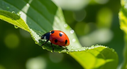 Ladybug Resting on Green Leaf