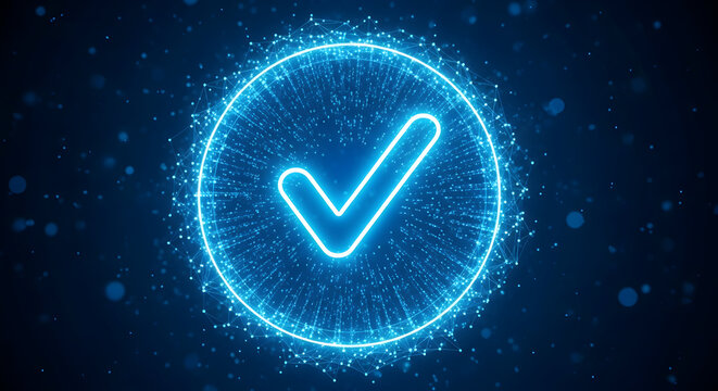 Glowing blue checkmark icon in a circle with sparkling particles on dark background