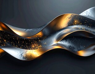 Metallic ribbons flow, catching gold light amidst a dark, textured backdrop