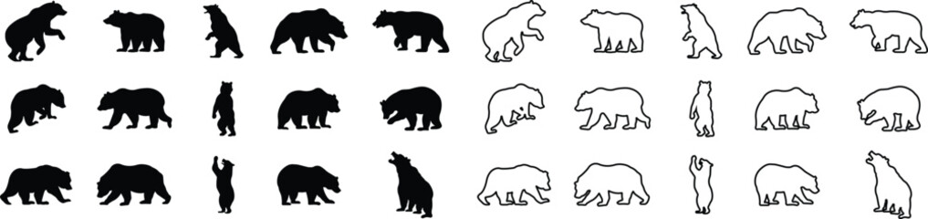 Fototapeta premium Bear icon set collection group in flat line style featuring grizzly, ursus, wildlife, animal silhouette and predator synonym elements for nature design, forest logo branding and graphic use
