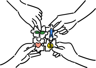 ESG、循環型社会イメージのパズルピースを合わせる手元