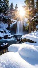 Stunning winter waterfall scene with snow-covered foreground, sunburst