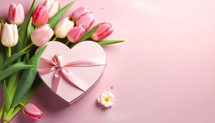 Fototapeta premium Heart-Shaped Box with tulips for International Women’s Day with Copy Space