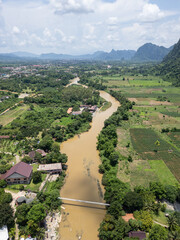 Vang Vieng, Laos: Aerial view of the Nam Ou river in the countryside of Vang Vieng, an aera of Laos famous for its karst landscape.