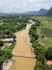 Vang Vieng, Laos: Aerial view of the Nam Ou river in the countryside of Vang Vieng, an aera of Laos famous for its karst landscape.