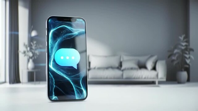A modern smartphone displays holographic AI in a minimalist tech environment, evoking futuristic innovation and digital advancement.