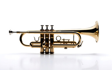 Obraz premium Golden brass trumpet isolated on a pristine white background with reflection