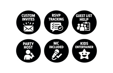 Obraz premium 2x3 grid on white background six separate flat vector badges badge solid black circle with the text good for package business info about product consistent style and size badge texts and :