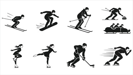 Winter sports icon collection in vector style featuring skiing, snowboarding, ice hockey, skating, curling, and bobsleigh