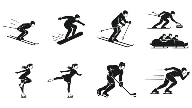 Winter sports icon collection in vector style featuring skiing, snowboarding, ice hockey, skating, curling, and bobsleigh