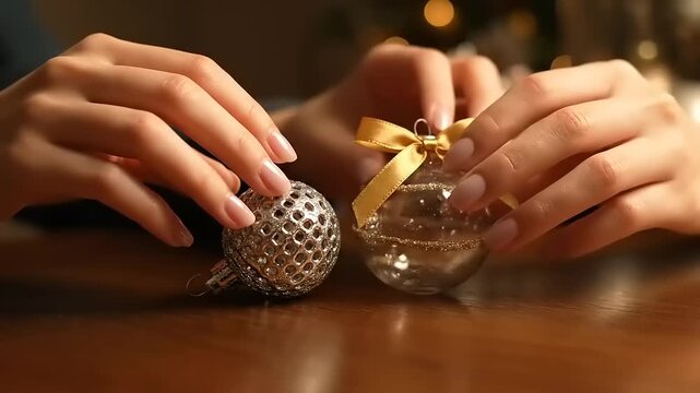 Hands holding Christmas ornaments on wooden table.