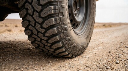Close-up of rugged off-road tire on rocky desert terrain