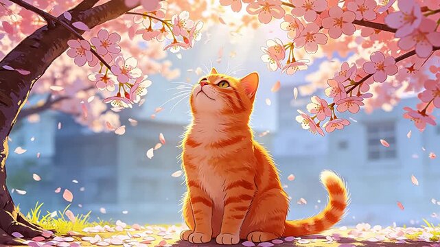 Orange tabby cat sitting under a blooming cherry blossom tree with falling pink petals