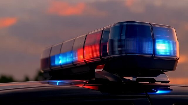 Emergency vehicle roof mounted light bar flashing red and blue against a dramatic orange and pink sunset sky, symbolizing law enforcement, public safety, and rapid response services