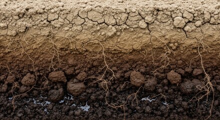 Soil layers cross section with roots and different textures.