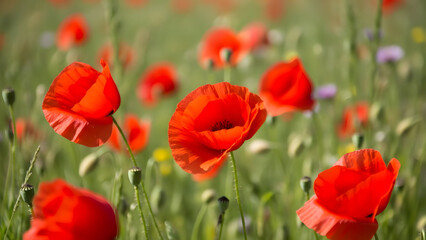 Obraz premium A vibrant field of red poppies blooming amidst green grass and wildflowers