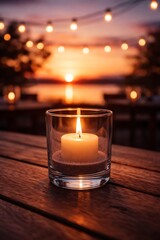 A close-up of a lit candle in a glass holder on a wooden table, with a sunset and string lights in the blurred background. generate images 