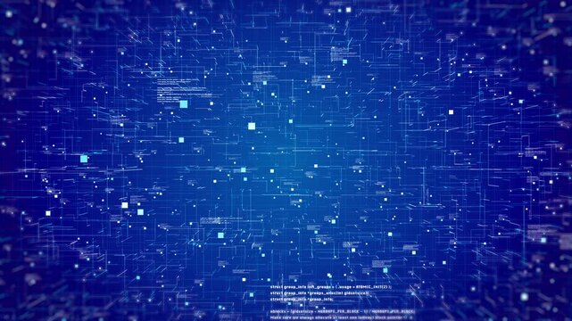 Technology digital cyberspace, data network connection. Futuristic sci-fi with hud ui system interface flying through 4K motion background