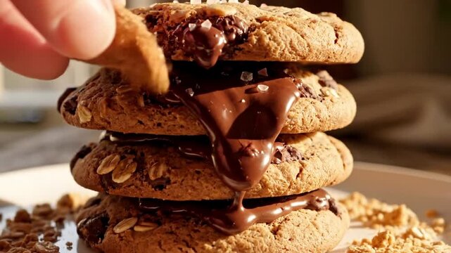 Delicious stack of oatmeal cookies with melted chocolate on a white plate