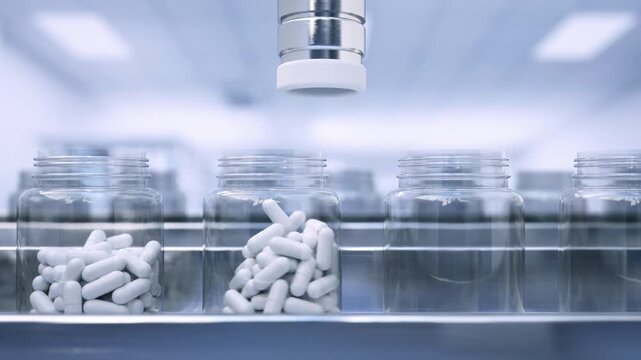 Jar being filled with capsules on an automated pharmaceutical packaging line inside a sterile factory &ndash; seamless loop, high-quality 3D render.