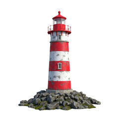 Red and White Lighthouse on Rocky Island © Rizky