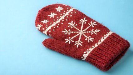 Red knitted Christmas mitten snowflake pattern on blue background.