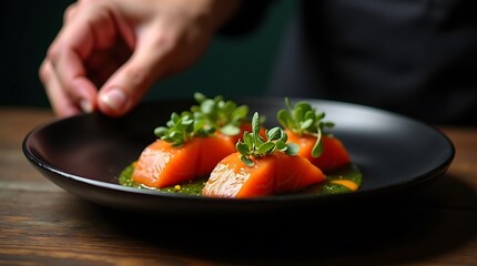 Chef Plating Smoked Salmon with Microgreens on Black Ceramic Plate, Moody Restaurant Lighting, Luxury Culinary Photography