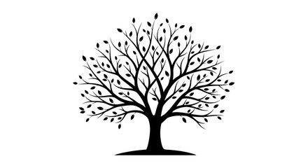 Fototapeta premium Minimalist black and white tree illustration with falling leaves on white background for design and nature themes