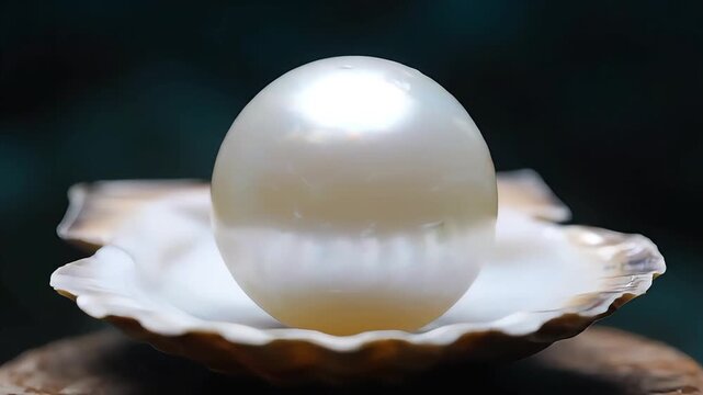 Elegant pearl inside oyster shell on dark background still life concept