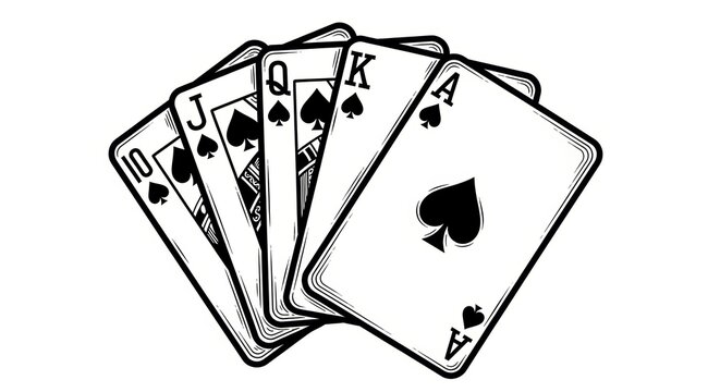 Poker Royal flush winning combination of cards sketch engraving vector illustration.