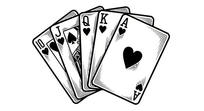 Poker Royal flush winning combination of cards sketch engraving vector illustration.