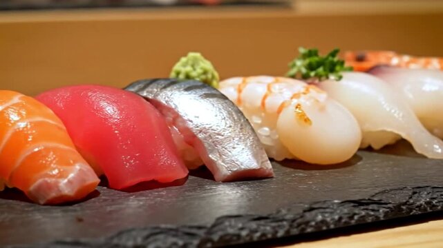 A close up view of assorted fresh nigiri sushi pieces arranged neatly upon a dark slate serving platter