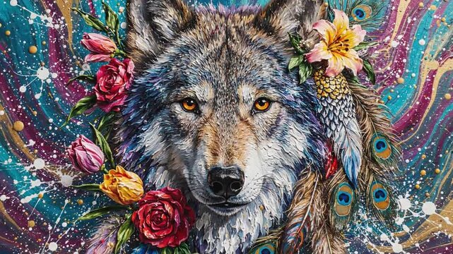 Colorful wolf portrait with flowers and peacock feathers abstract art