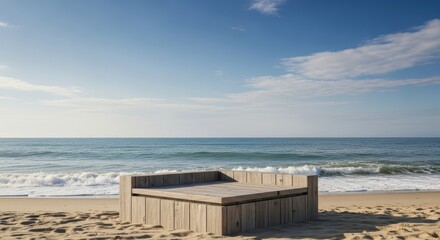 Fototapeta premium Rustic Wooden Bench on Sandy Beach Overlooking Ocean Waves Under Clear Blue Sky